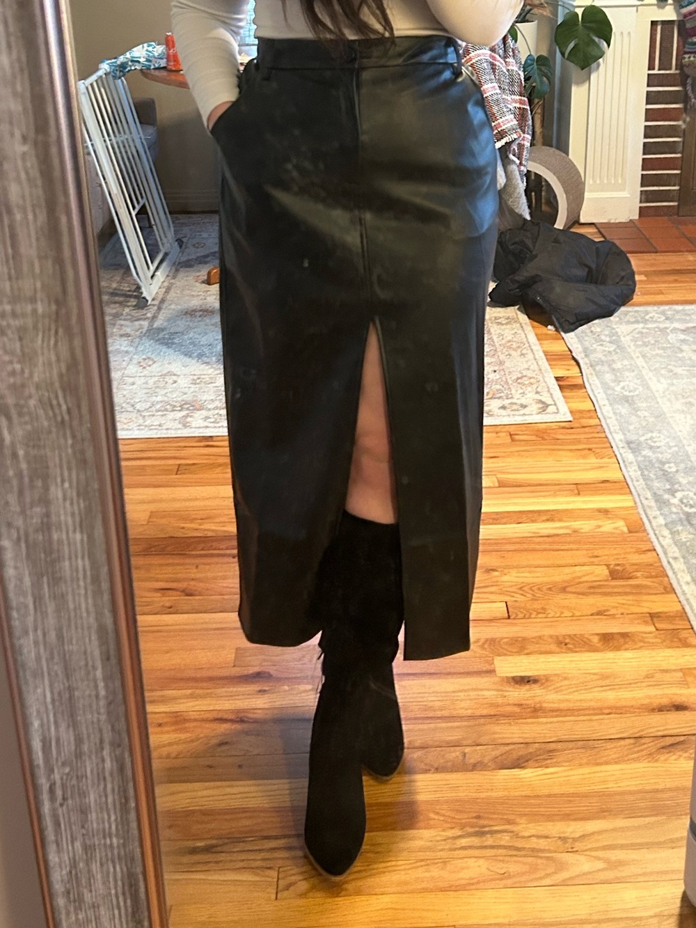 Rebdolls Black Faux Leather Midi Skirt